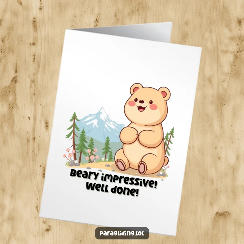 Funny Free Printable Congrats Card: A beaming bear enjoys a peaceful moment appreciating a vast, serene mountain landscape, symbolizing achievement.