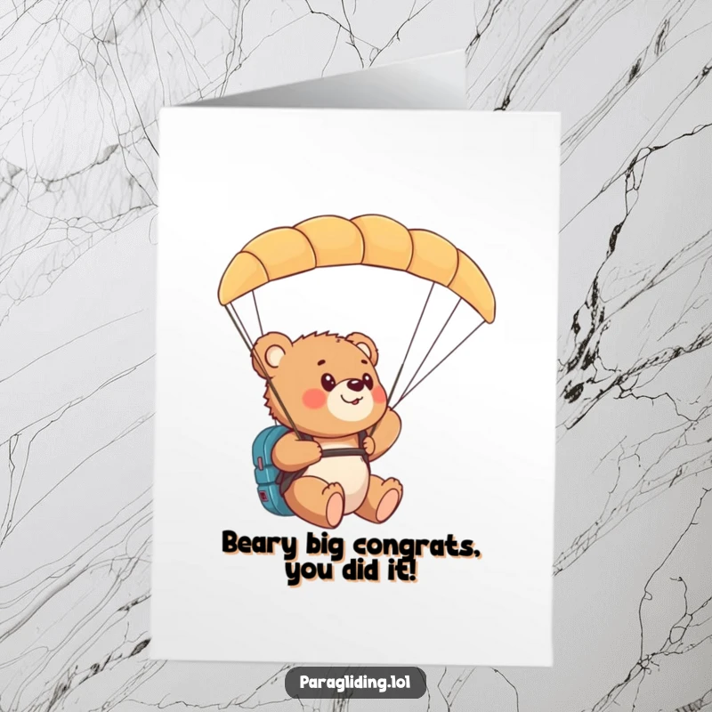 Funny free printable congratulations card of a bear cub amazed by paragliding views. Perfect for celebrating big wins.