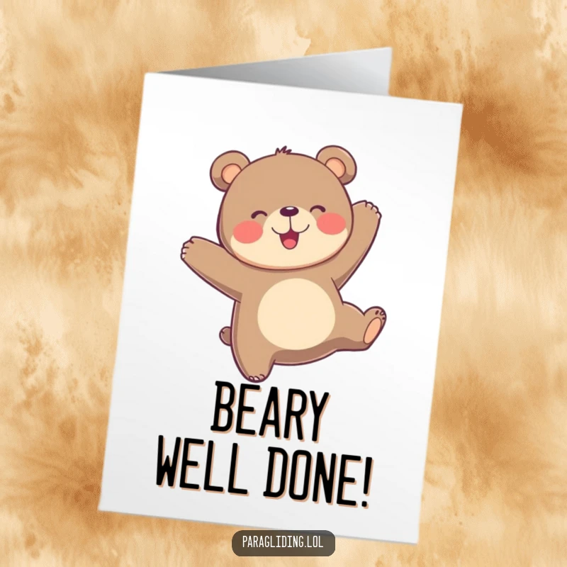 Funny Free Printable Congratulations Card featuring a playful bear joyfully bobbing mid-air while paragliding.