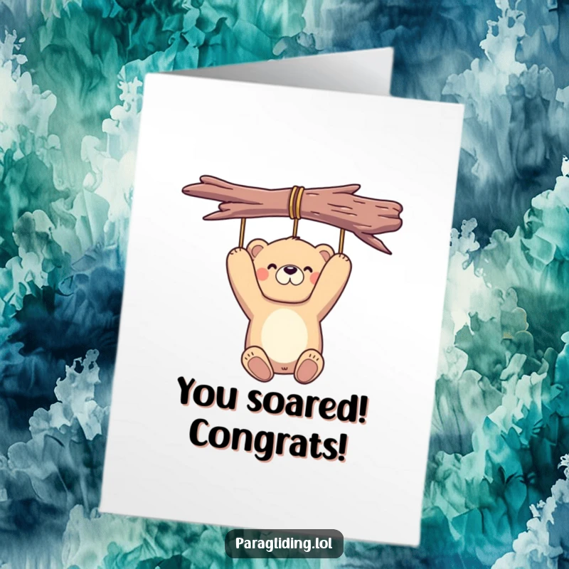 Funny Free Printable Bear Congratulations Card: A proud bear hangs mid-air, symbolizing lofty success and joyful congratulations.