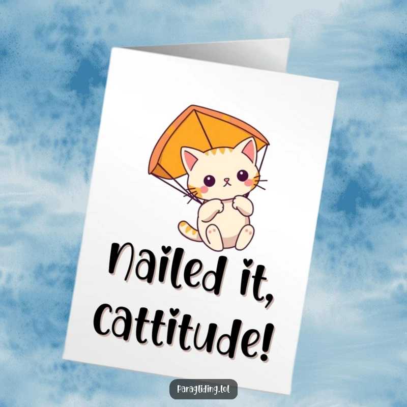 Funny Free Printable Congratulations Card showing a focused cat paragliding, representing smooth sailing success.