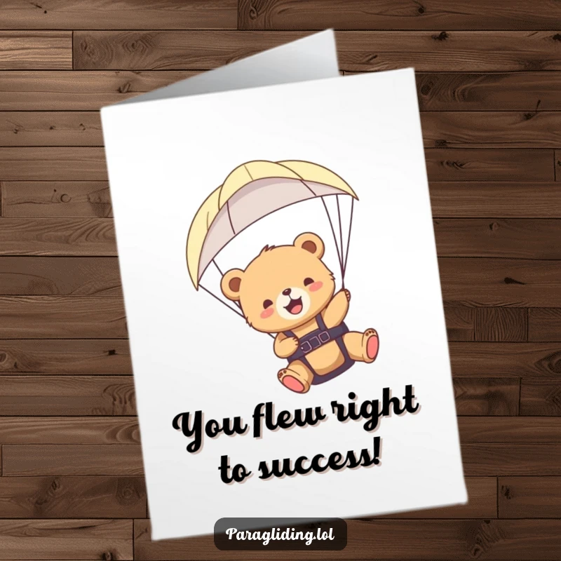 Funny Free Printable Congrats card: A delighted bear cub paragliding, celebrating success with a joyful expression.