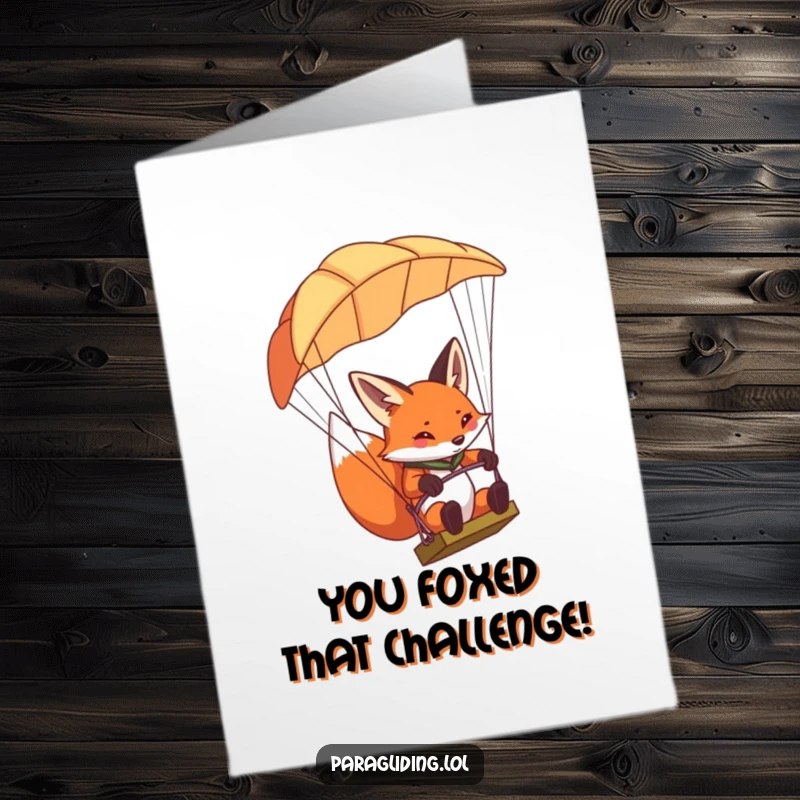 Funny Free Printable Congratulations Card: Determined fox intently steering a paraglider, celebrating victory with downloadable art.