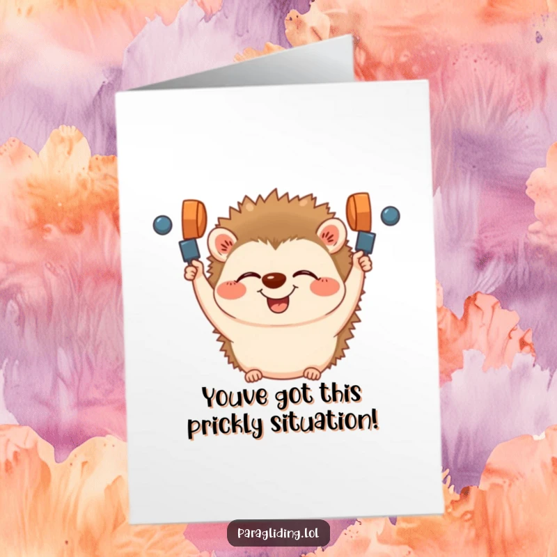Funny Free Printable Congratulations Card: A gleeful hedgehog holding onto handles, celebrating a fantastic success with infectious giggles.