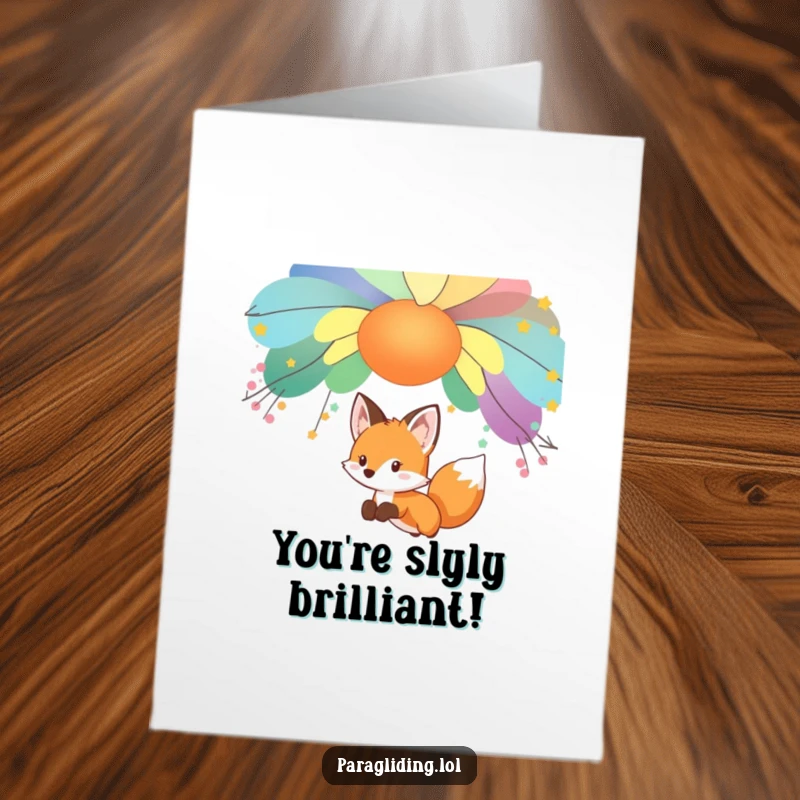 Funny Free Printable Congratulations Card: A curious fox gliding gently under a colorful canopy, celebrating a successful milestone. Downloadable.