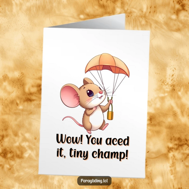 Free Printable Congratulations Card: A curious mouse looks amazed from a paraglider, celebrating new achievements.