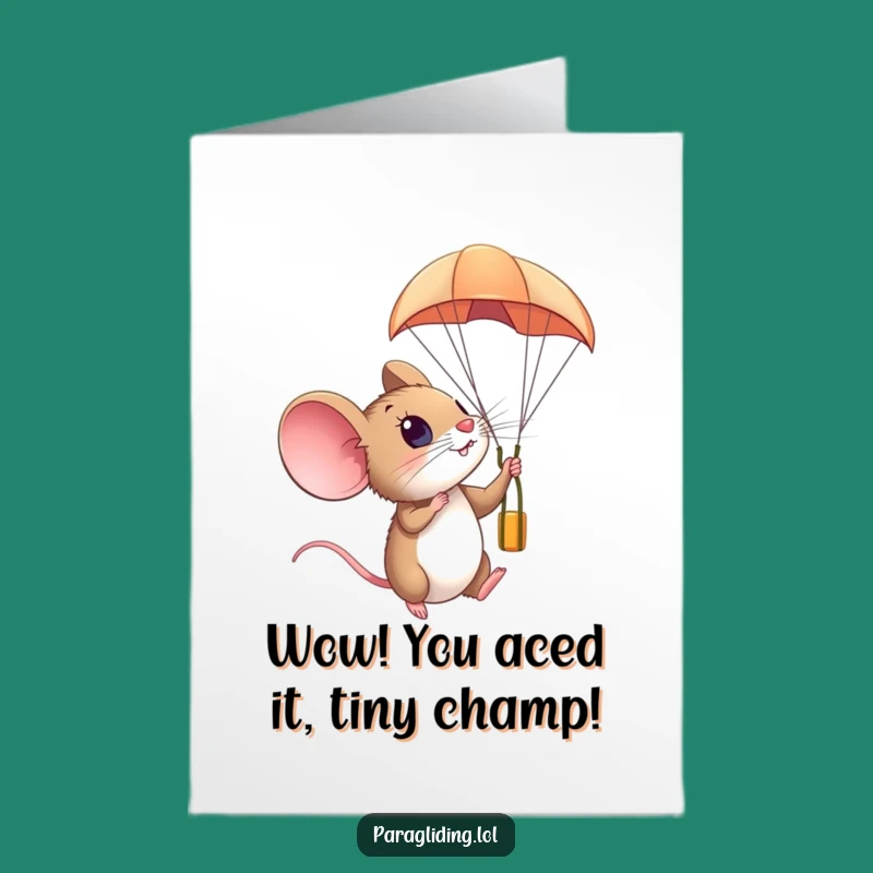Free Printable Congrats Card: Mouse Paragliding Amazement, Funny Downloadable Gift for New Heights