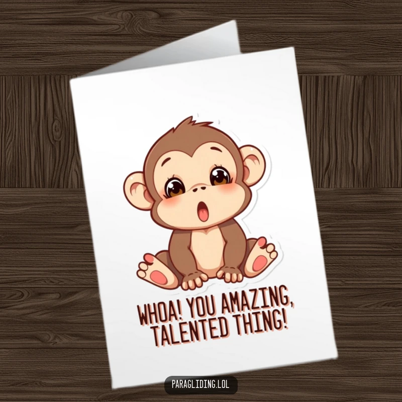 Funny Free Printable Congratulations Card: Silly monkey looking surprised and off-balance, almost falling, great for congrats.