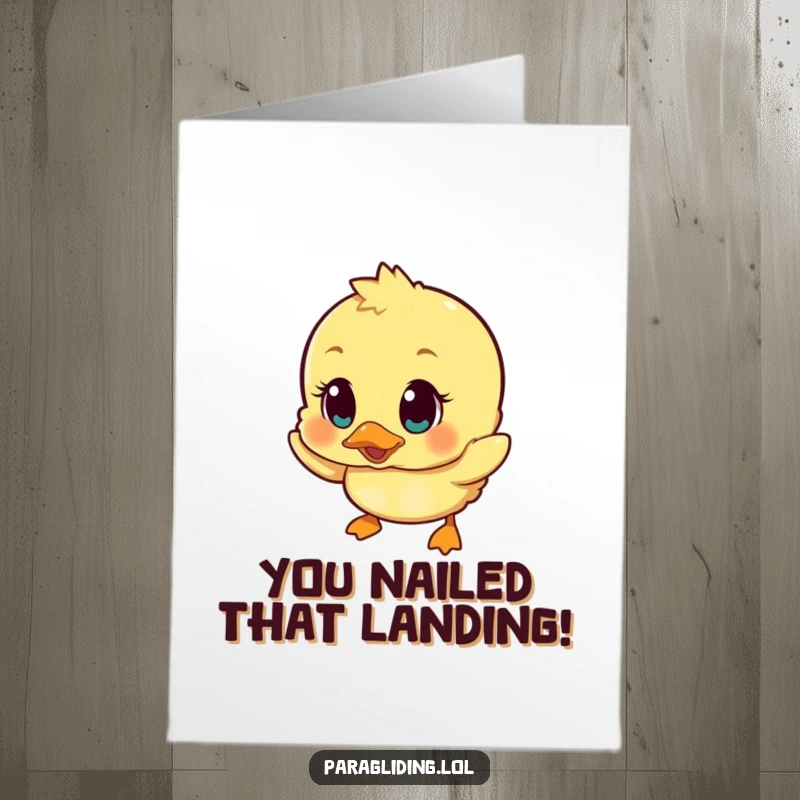 Funny Free Printable Congratulations Card: A wobbly duckling drifts down with comical surprise eyes, celebrating their success.