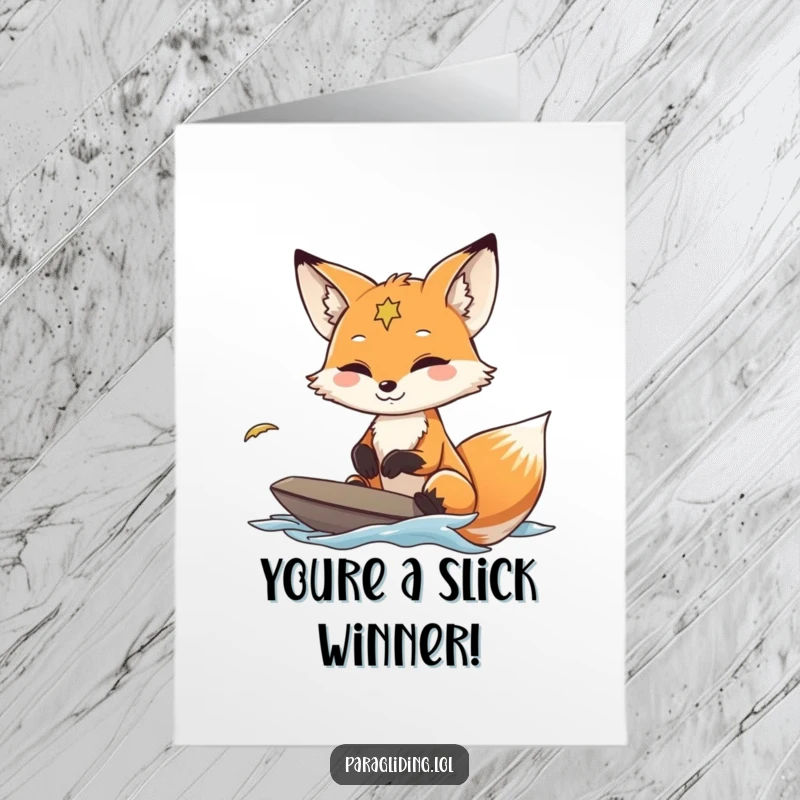 Funny Free Printable Congrats Card: A smiling fox navigating wind currents, representing a smooth and successful journey.