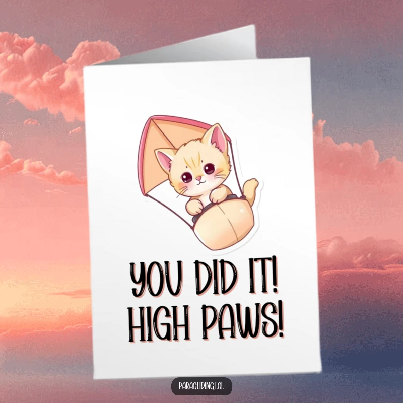 Funny Free Printable Congrats Card: Goofy paragliding kitten soaring through the sky, celebrating an achievement.