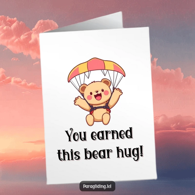 Funny Free Printable Bear Cub Congratulations Card: A happy bear cub waving from a paraglider, celebrating success from above.