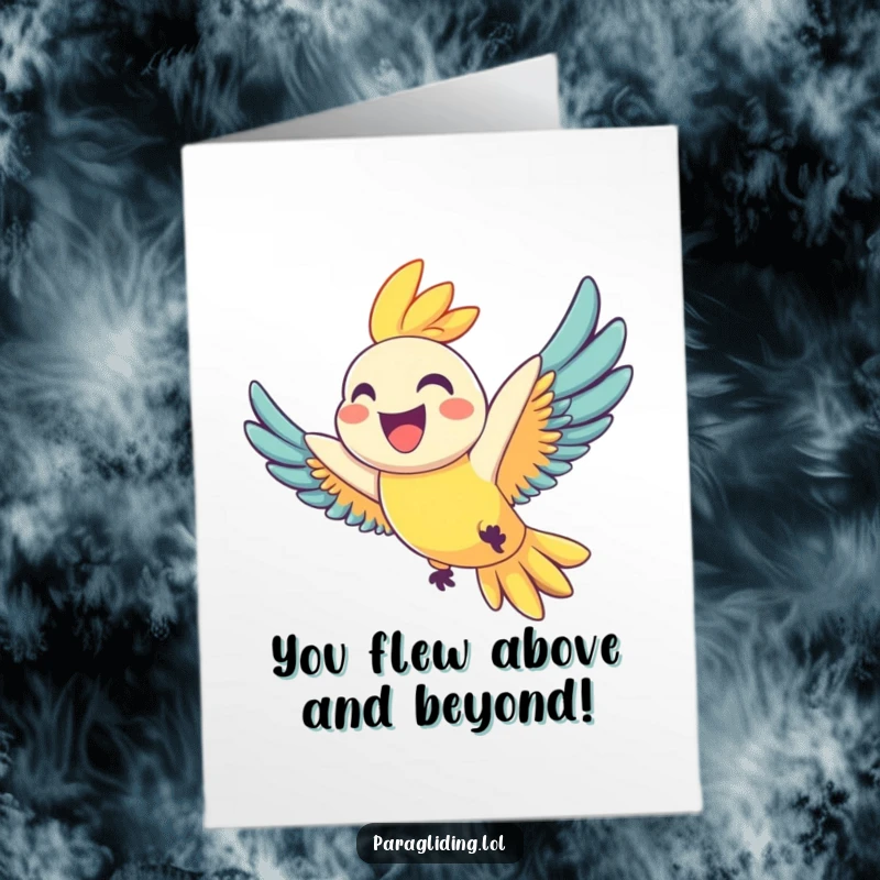 Funny Free Printable Congratulations Card featuring a beaming parrot soaring joyfully through the sky, celebrating a great achievement.
