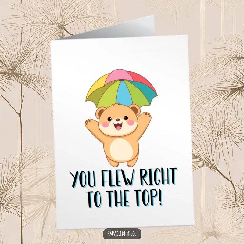 Funny Free Printable Congrats Card: Happy bear cub paraglides, uplifting DIY congratulations, downloadable art.