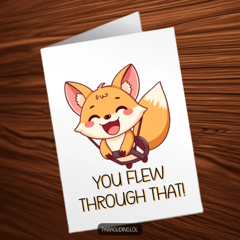 Funny Free Printable Congratulations Card showing an ecstatic fox paragliding, celebrating a grand achievement.