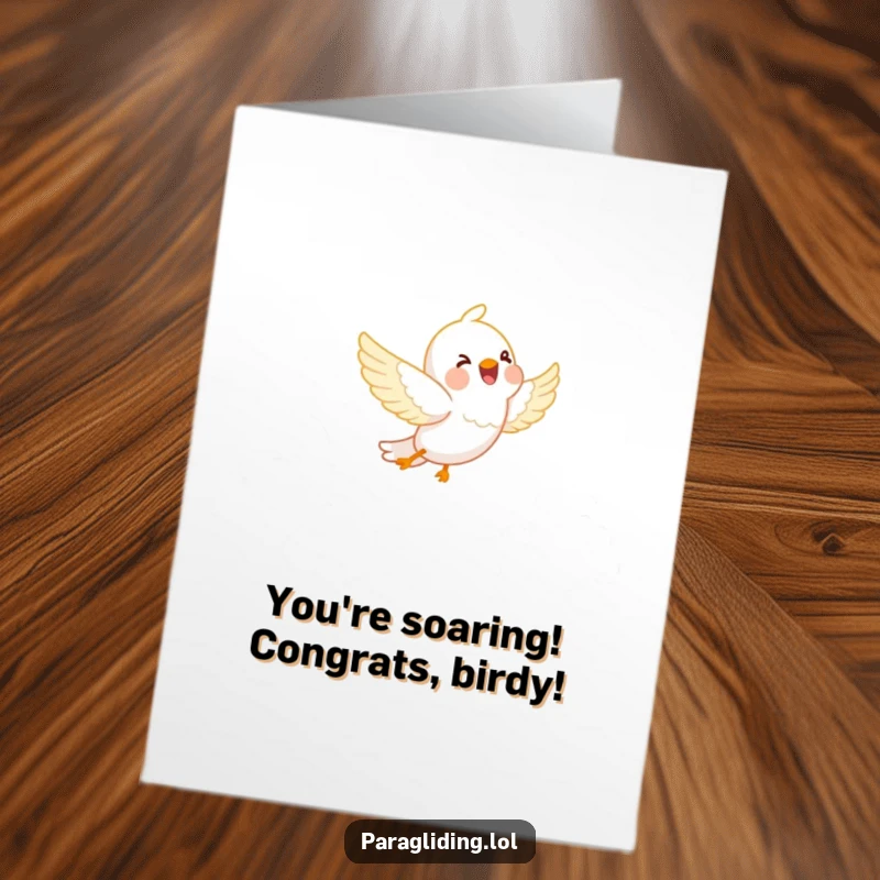 Free Printable Congrats Card: A happy bird soars with pure joy through fluffy white clouds, celebrating success.