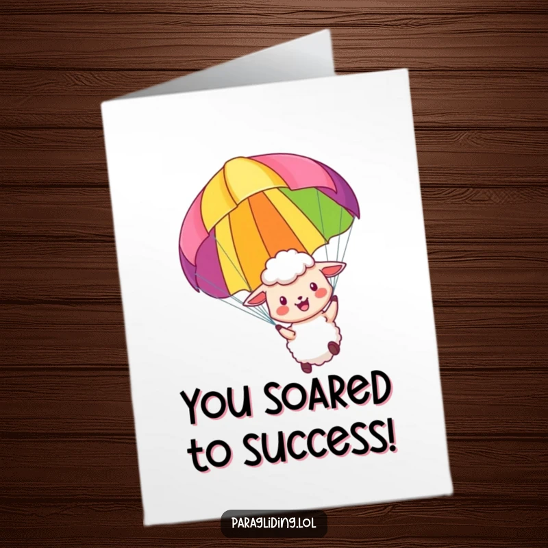 Funny Free Printable Congratulations Card: A little sheep joyfully paraglides, celebrating success with an adventurous spirit.
