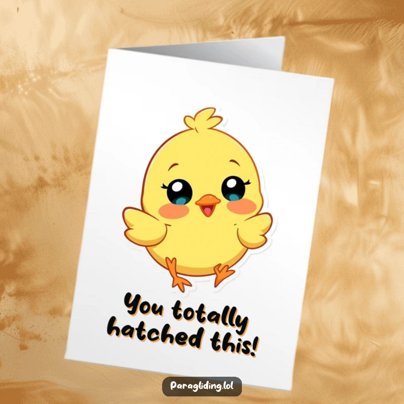 Funny Free Printable Congratulations Card: A smiling chick paragliding, symbolizing a joyous and successful milestone.