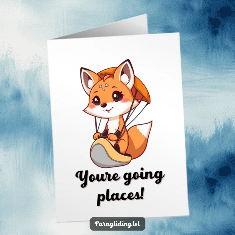 Funny Free Printable Congratulations Card of a curious, smiling fox with a determined expression, expertly piloting a paraglider.