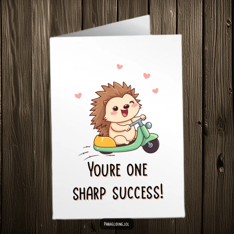 Funny Free Printable Congratulations Card: A happy hedgehog enjoys a breezy ride, celebrating their fantastic achievement.