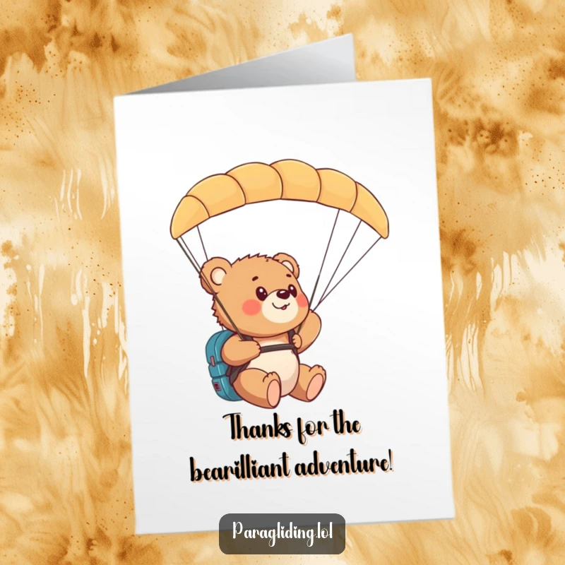Funny free printable thank you card featuring a curious bear cub paragliding, expressing gratitude from above. Unique DIY.