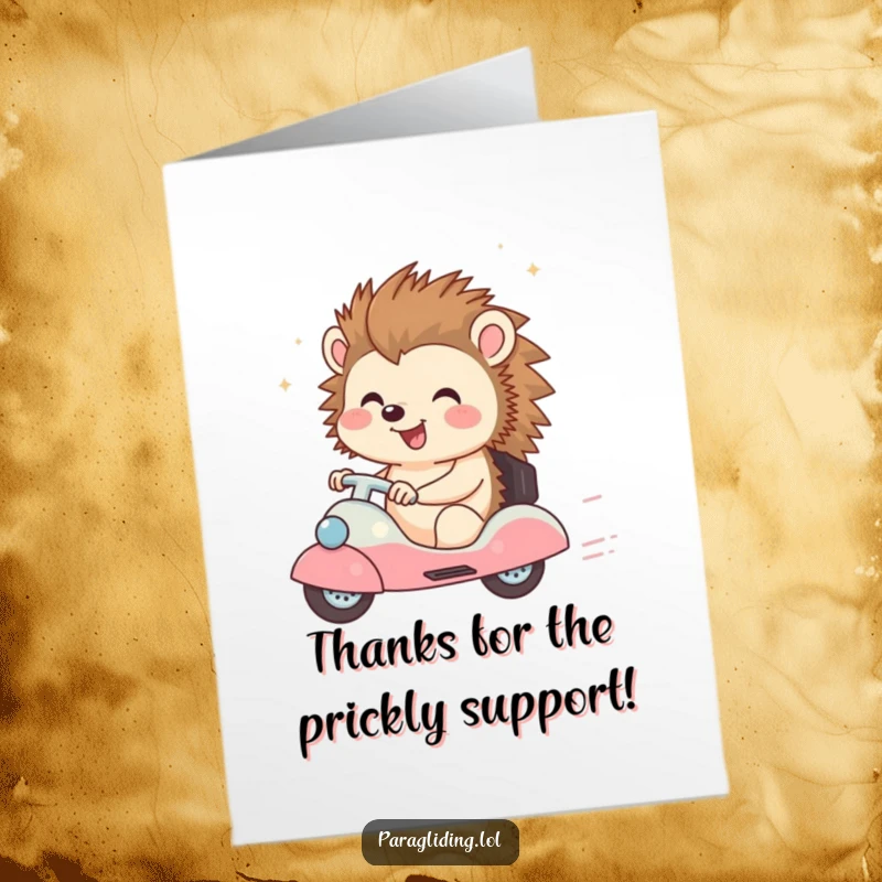 Funny Free Printable Thank You Card: Happy hedgehog enjoying a breezy ride, expressing cheerful thanks