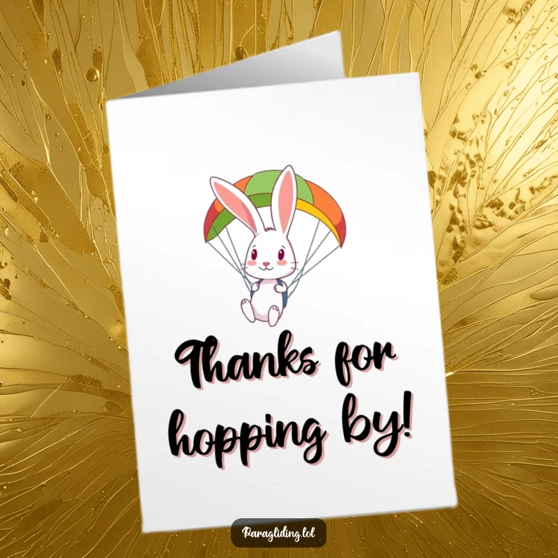 Funny Free Printable Thank You Card: a curious rabbit observing the world from a colorful paraglider.