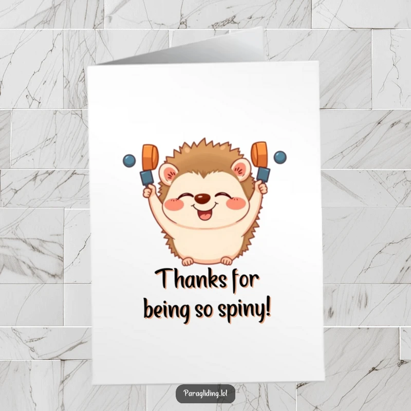 Funny Free Printable Thank You Card: A hedgehog chuckling while holding tightly to handles, expressing thanks with sheer glee.