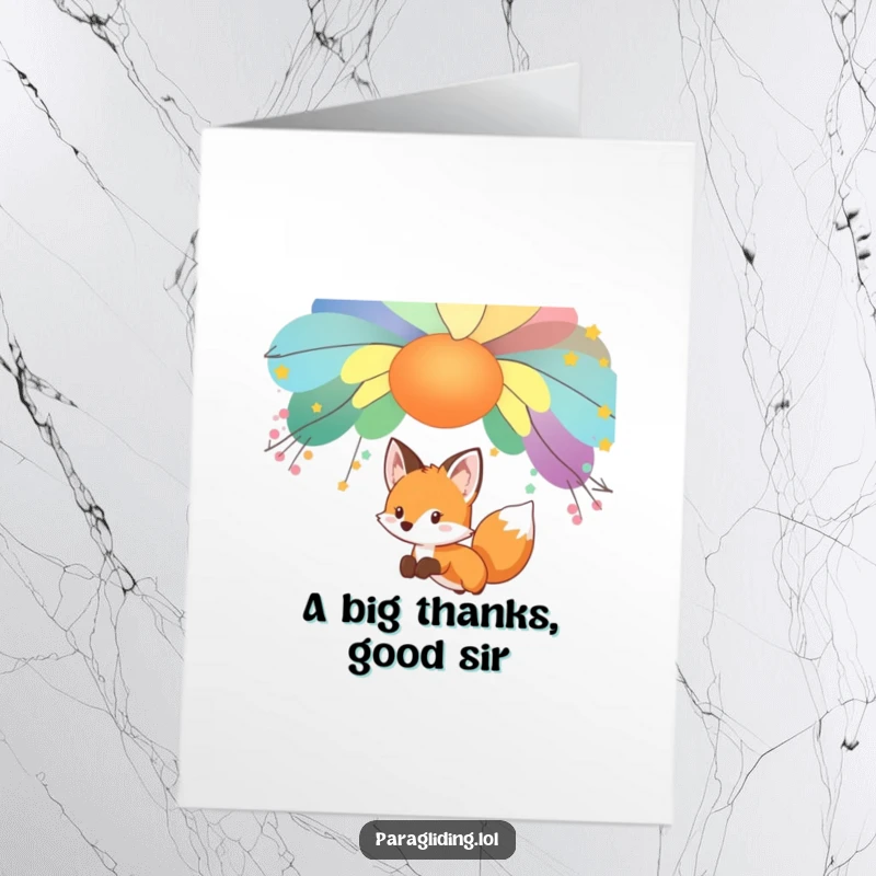 Funny Free Printable Thank You Card: A curious fox gliding gently under a colorful canopy, expressing sincere thanks. Downloadable.