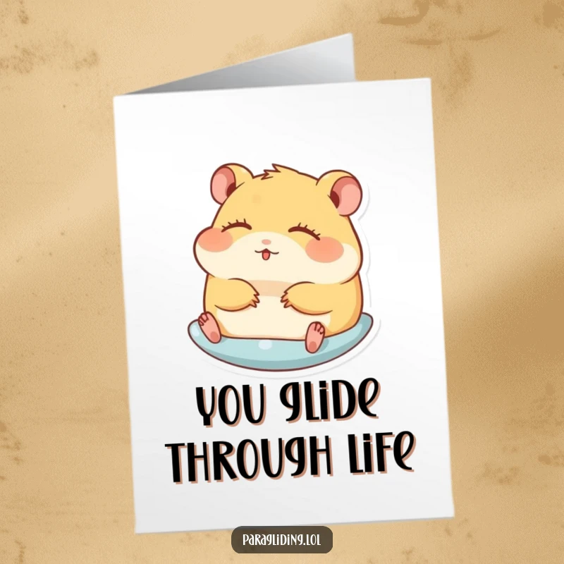 Funny Free Printable Thank You Card showing a hamster enjoying a peaceful glide with closed eyes, a delightful downloadable gift.