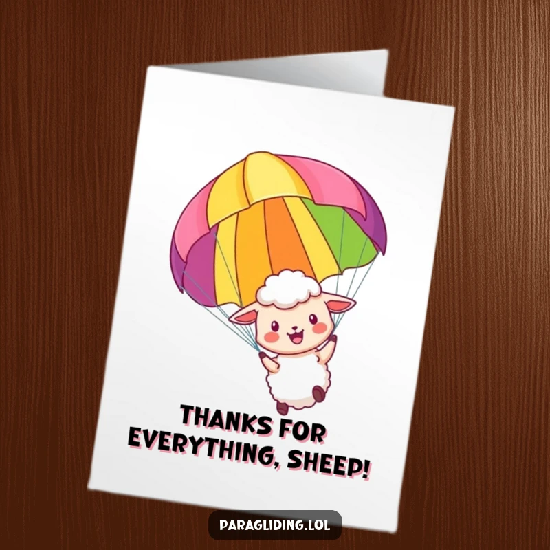 Funny Free Printable Thank You Card: A little sheep joyfully paraglides, offering a fun and uplifting way to say thank you.