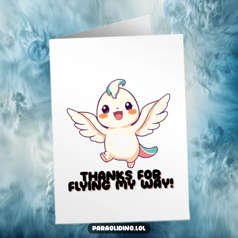 Funny Free Printable Thank You Card: A smiling angel gracefully descending, offering thanks with joy.