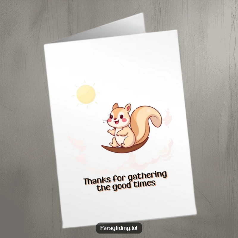 Funny Free Printable Thank You Card: A happy squirrel smoothly sails through the clouds, offering a unique way to say thanks.