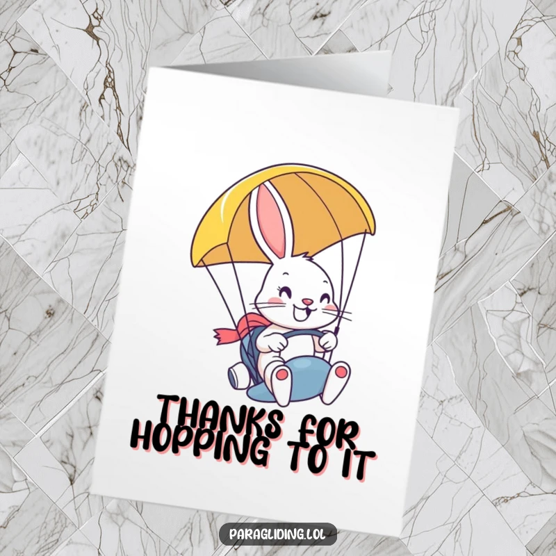Funny Free Printable Thank You Card: Smiling bunny paraglides with a grin, adventurous DIY thank you, downloadable art.