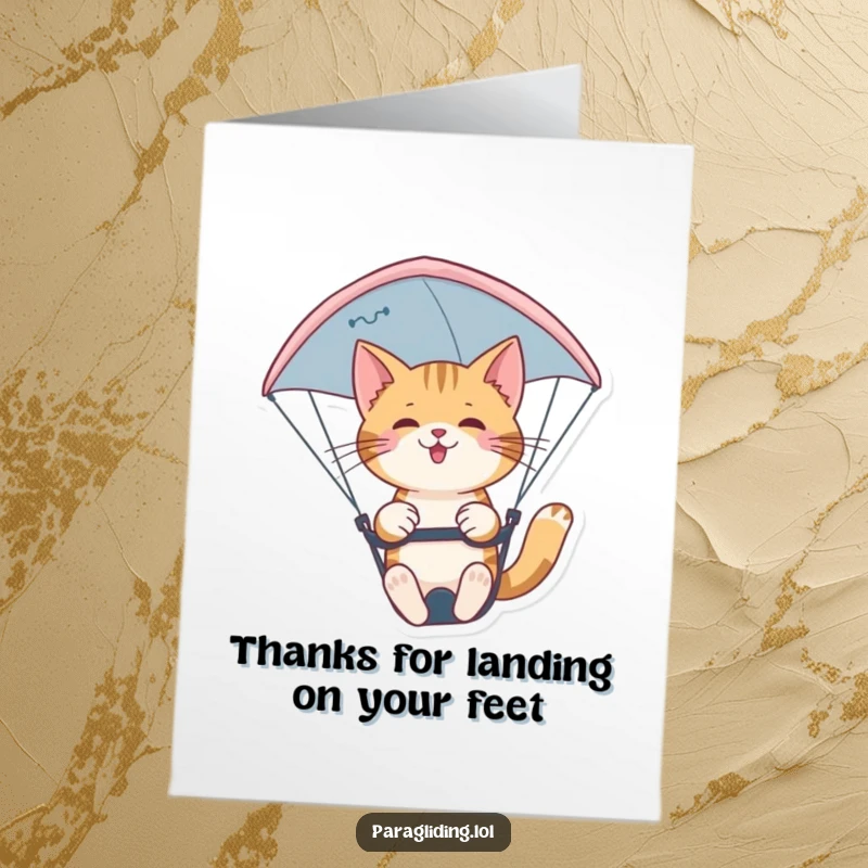 Funny Free Printable Thank You Card: A confident cat elegantly maneuvers a paraglider, embodying cool and collected thanks.