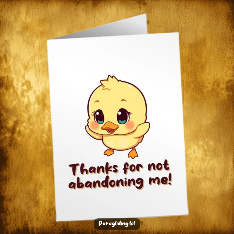 Funny Free Printable Thank You Card: A wobbly duckling falls with surprise eyes, a humorous way to say thanks.