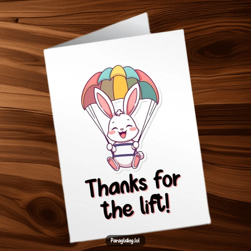 Funny Free Printable Thank You Card featuring a beaming bunny floating serenely beneath a colorful paraglider, conveying heartfelt thanks.