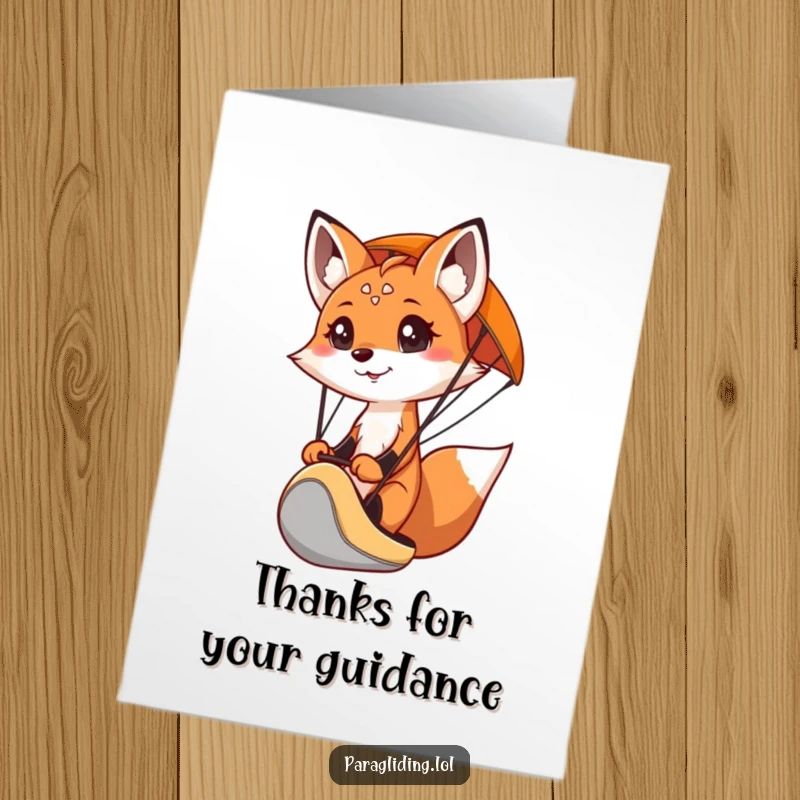Funny Free Printable Thank You Card featuring a smiling fox with a focused, determined look, steering a paraglider with purpose.