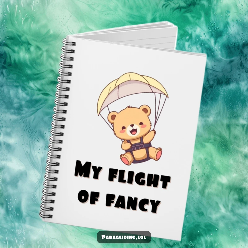 Funny bear cub paraglider notebook featuring a cub soaring on a paraglider, a whimsical yet practical tool for note-taking.