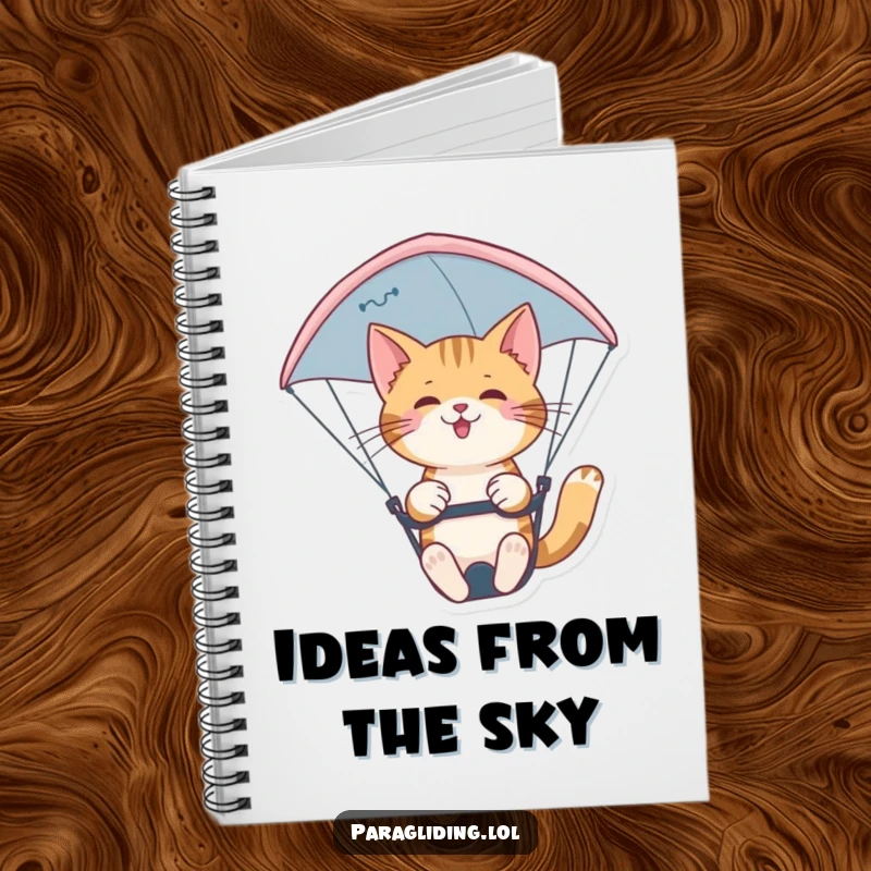 Funny confident cat paragliding nimbly on a notebook cover. A stylish and functional funny gift for note-takers.
