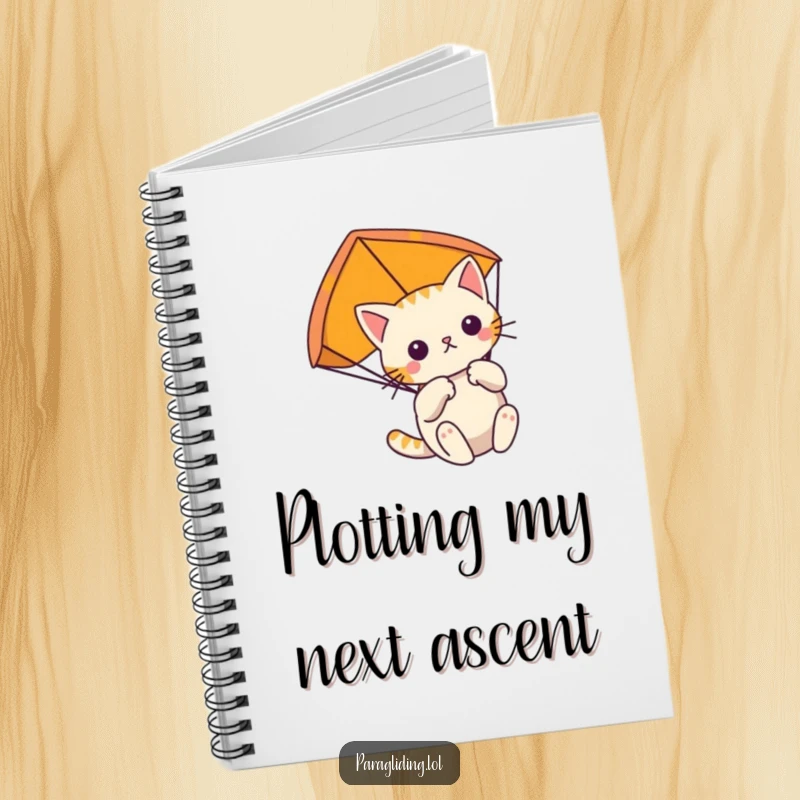 Funny determined cat floats gently, clutching its paraglider on a notebook cover, perfect for recording focused thoughts.