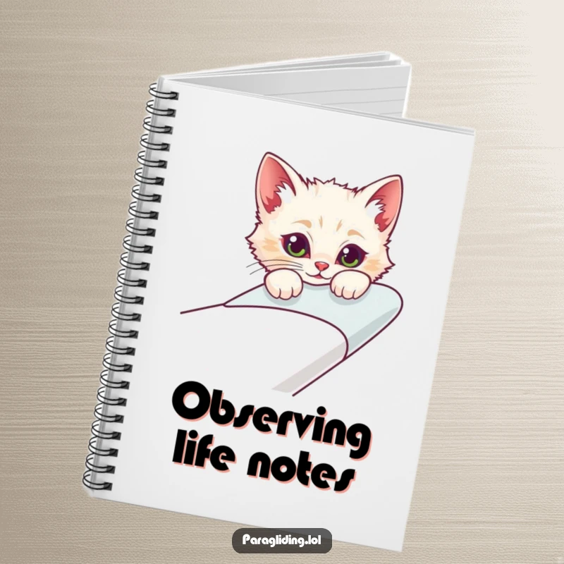 Funny notebook with lined pages, featuring a curious cat character peeking over the edge of a glider, ideal for journaling.
