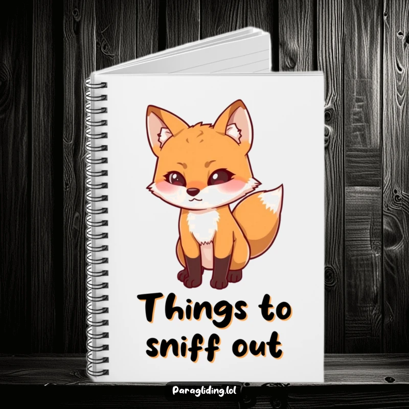 Funny notebook cover with a determined fox looking downwards with curiosity, perfect for jotting down observations and insights, ideal funny gift.