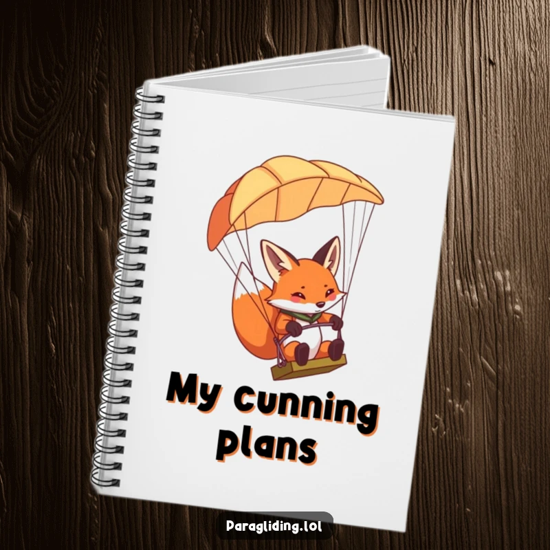 Funny determined fox notebook, featuring a fox concentrating and steering a paraglider, perfect for focused note-taking.