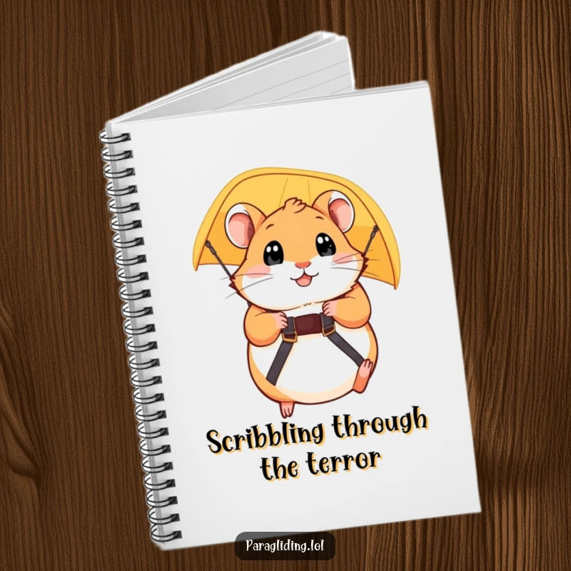 Funny notebook with a plump hamster holding paraglider straps tightly, eyes wide, illustrating a humorous, adventurous spirit. Gift.