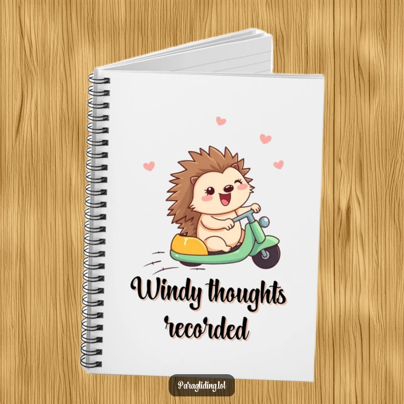 Funny notebook cover featuring a hedgehog happily riding a breeze, symbolizing cheerful ideas and joyful planning.