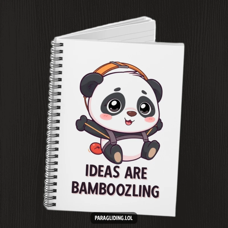 Funny Panda Paraglider Notebook with a happy, bewildered panda paragliding, perfect for jotting down notes.