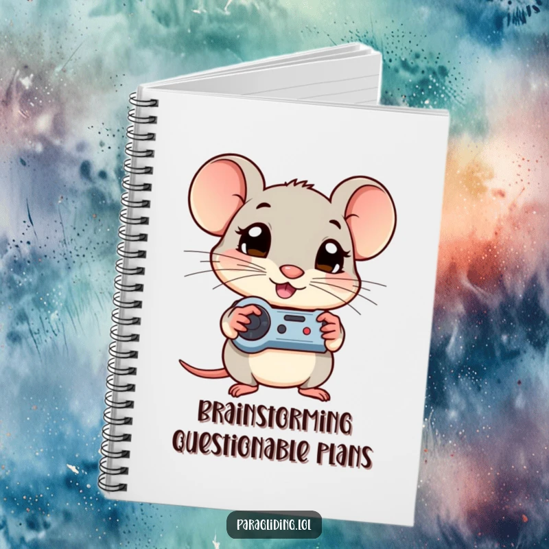 Funny notebook with a shy mouse intensely gripping controls, eyes wide with curiosity, ready to capture brilliant ideas.
