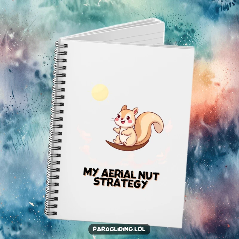 Funny notebook with a happy squirrel sailing through clouds, perfect for writing down thoughts and dreams.