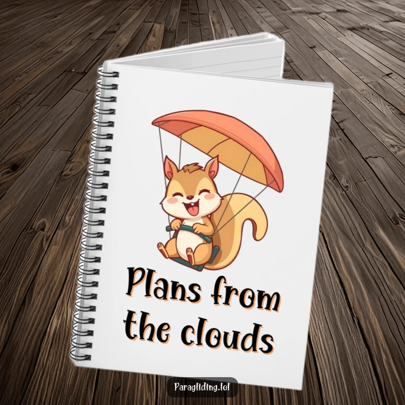 Funny giggling squirrel paragliding and waving on a notebook cover. A joyful and functional funny gift for note-takers.